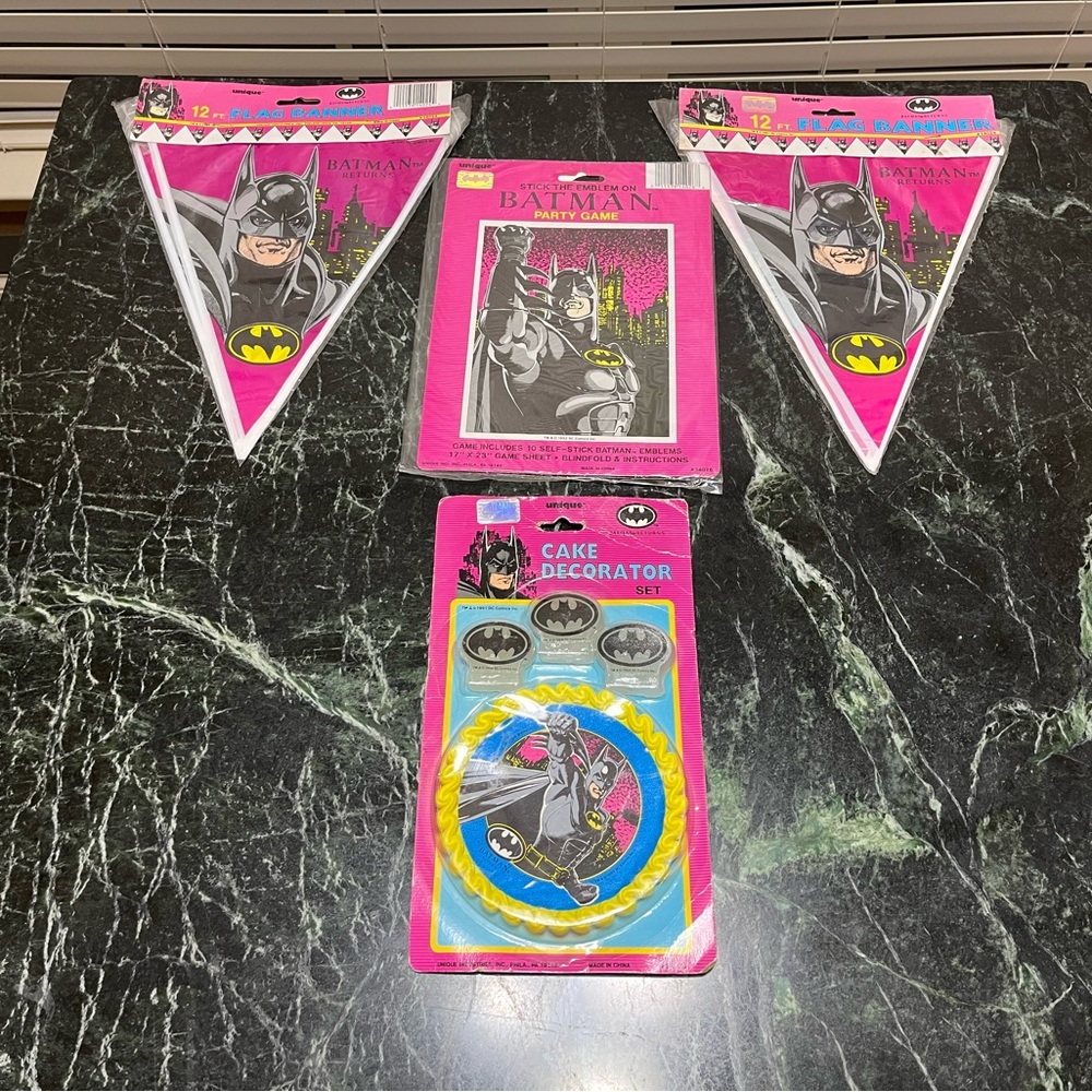 VTG 1991 Batman Returns Birthday Decorations Lot Cake Toppers Banners Game NEW